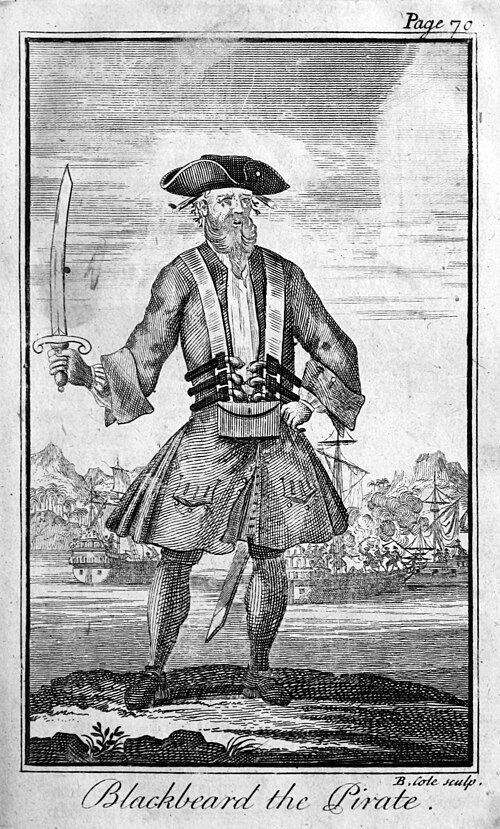 1724 engraving by Benjamin Cole depicting Blackbeard the pirate with lit fuses in his beard