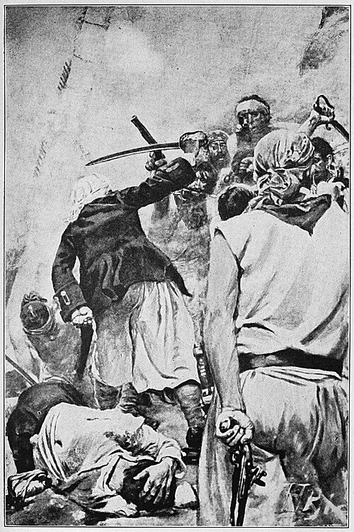 Howard Pyle illustration depicting pirates fighting in hand-to-hand combat aboard a ship