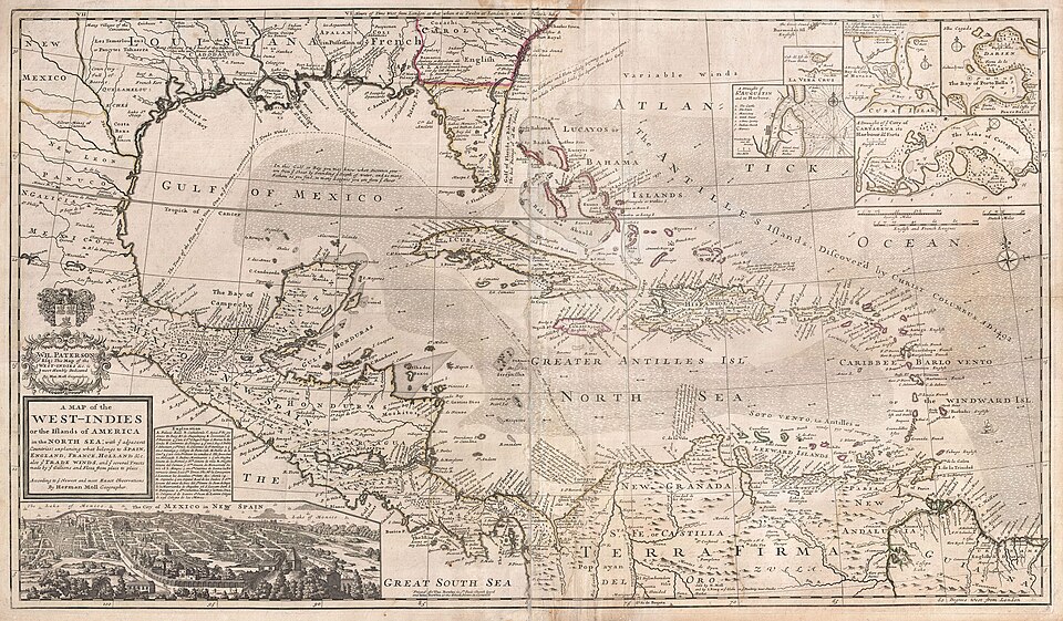 Herman Moll's circa 1720 map of the West Indies and the Spanish Main showing Caribbean trade routes and territories