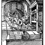 Woodcut by Jost Amman (1568) showing workers operating an early European printing press.