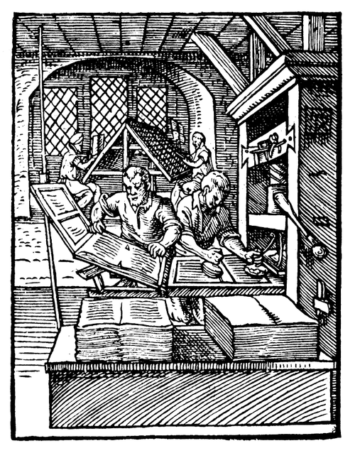 Woodcut by Jost Amman (1568) showing workers operating an early European printing press.