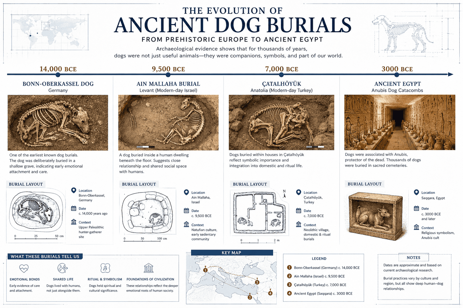 Map showing the geographic spread of ancient dog burials from Europe to the Middle East