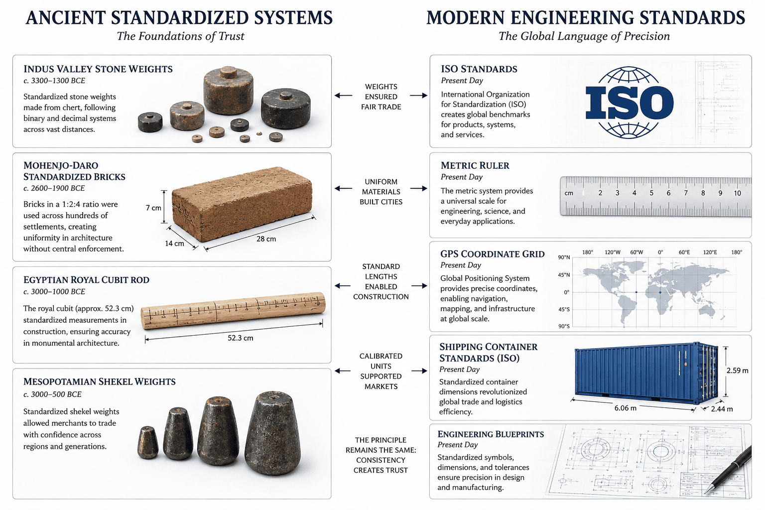 Detailed engineering graphic comparing ancient measurement infrastructures like Roman aqueducts and Indus grids to modern ISO calibration standards