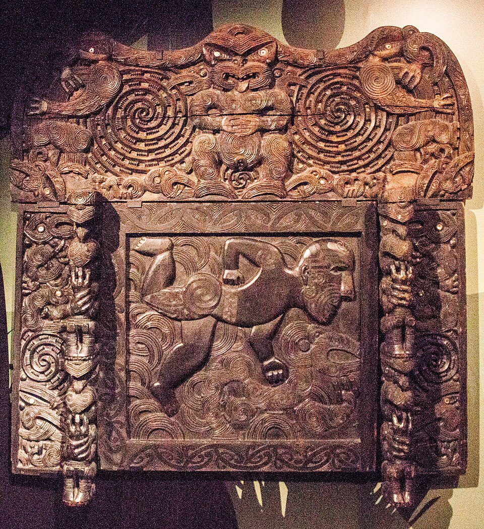 Carved Māori wooden panel at Rotorua Museum New Zealand