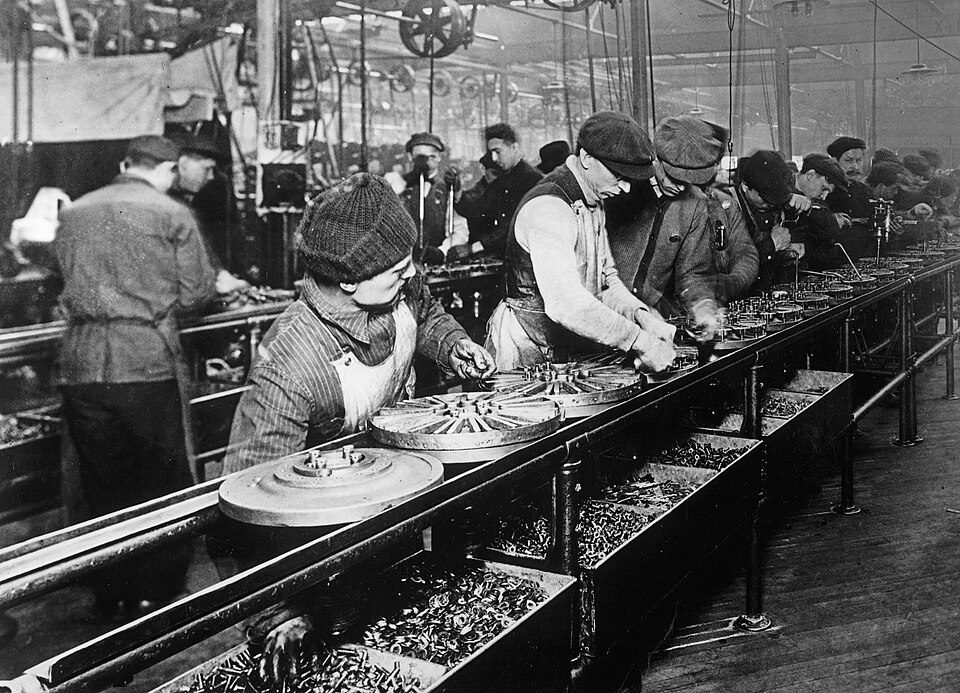 Workers on Henry Ford's moving assembly line at the Highland Park plant in 1913, a milestone in industrial automation