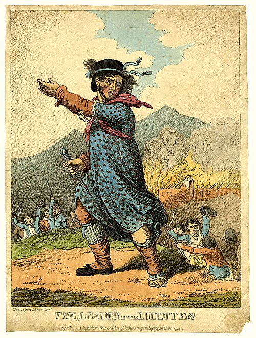 19th-century illustration depicting a Luddite rebellion leader during the machine-breaking protests of 1811 to 1816