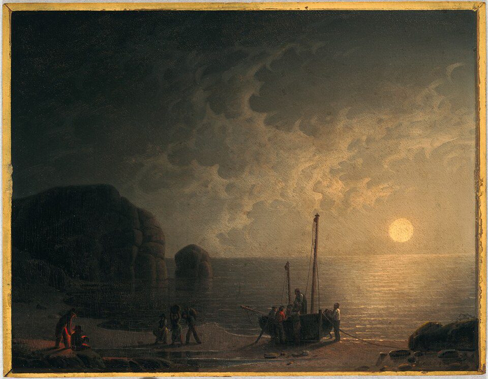 Historical painting of smugglers secretly transporting goods along the coastline to avoid customs officials