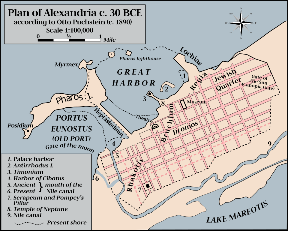 Historical map plan of ancient Alexandria showing the royal quarter, harbor, and location of the Mouseion
