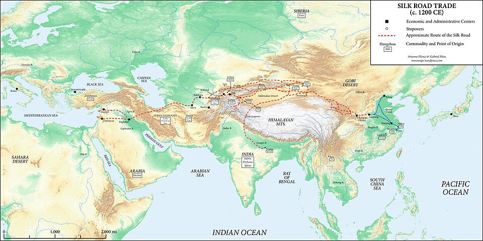 Historical map of the Silk Road trade routes connecting East Asia, Central Asia, the Middle East, and Europe
