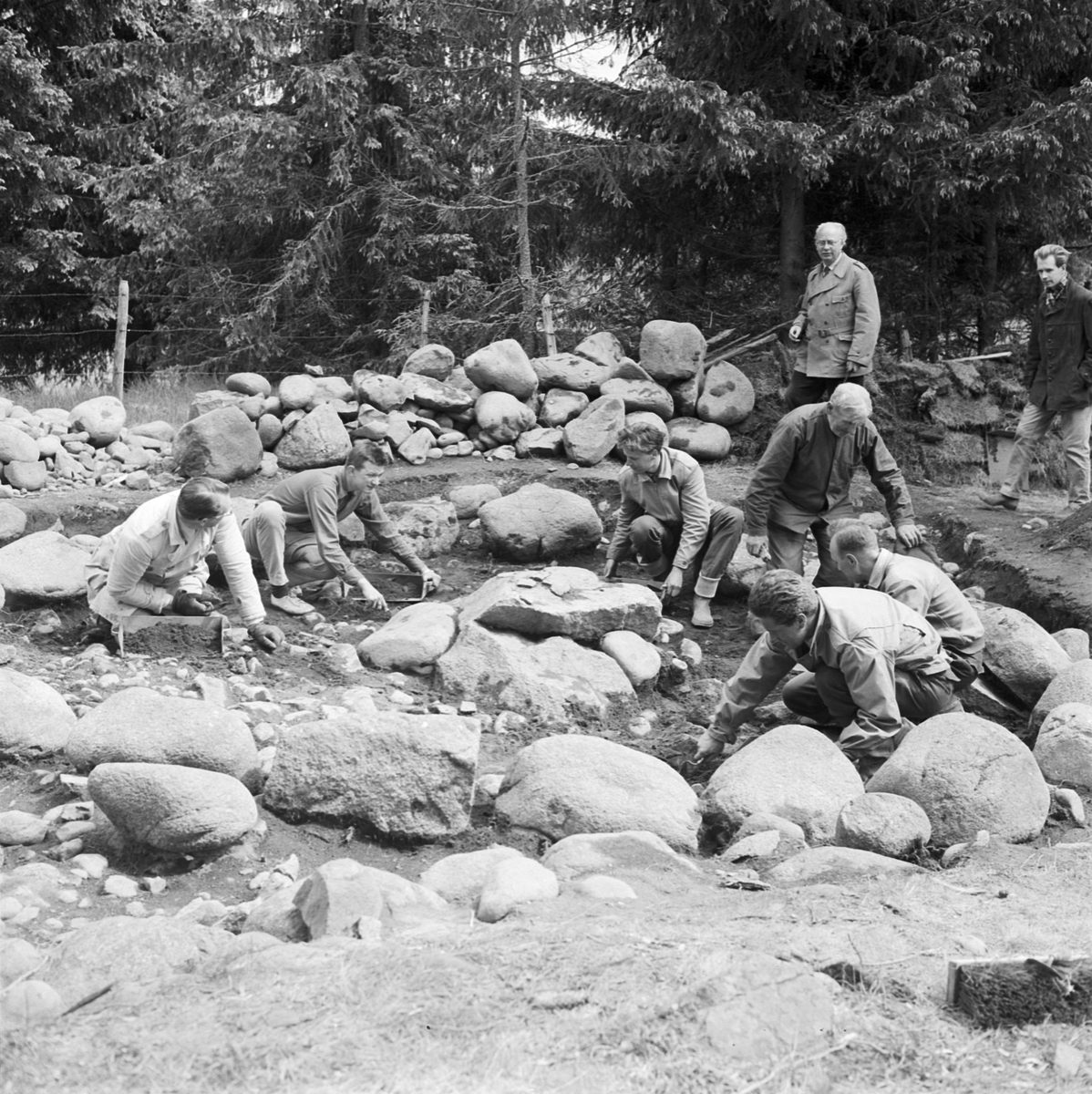 A 1950s field archaeologist recording topographical anomalies in a rural landscape.