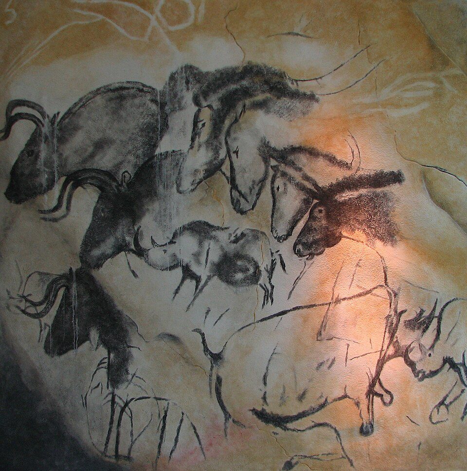 Chauvet Cave Prehistoric Wall Art Chauvet Cave prehistoric wall art depicting charging woolly rhinos and lions in deep limestone cavern in the Ardèche department, France