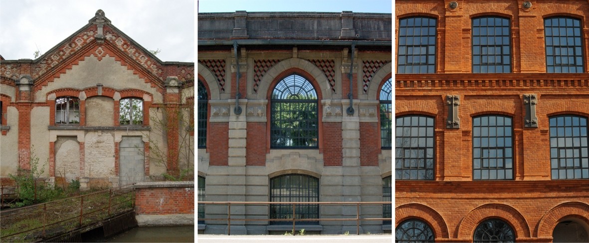 Historic European textile factory buildings with industrial brick facades