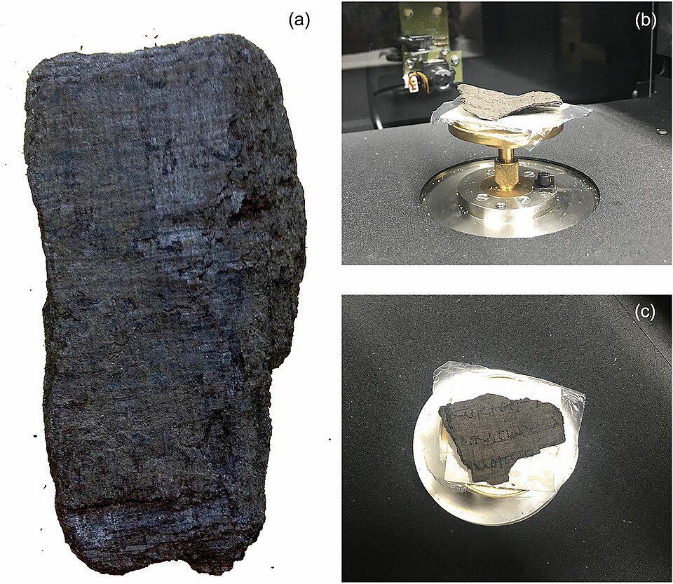 Herculaneum Papyri Carbonized Scroll Herculaneum Papyri carbonized papyrus scroll fragment recovered from the Villa of the Papyri in Campania, Italy