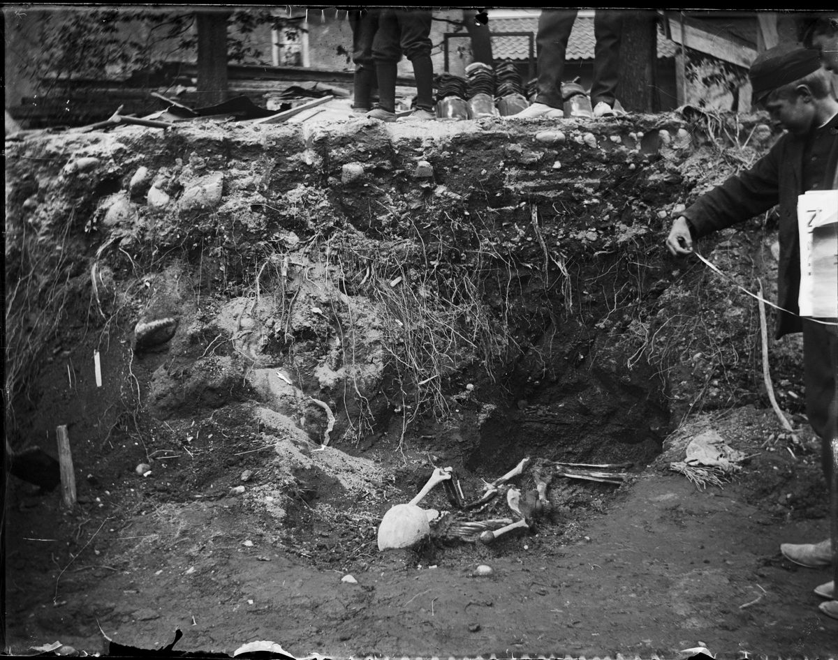 Archaeologists carefully exposing skeletal remains in an excavation trench in Uppsala.