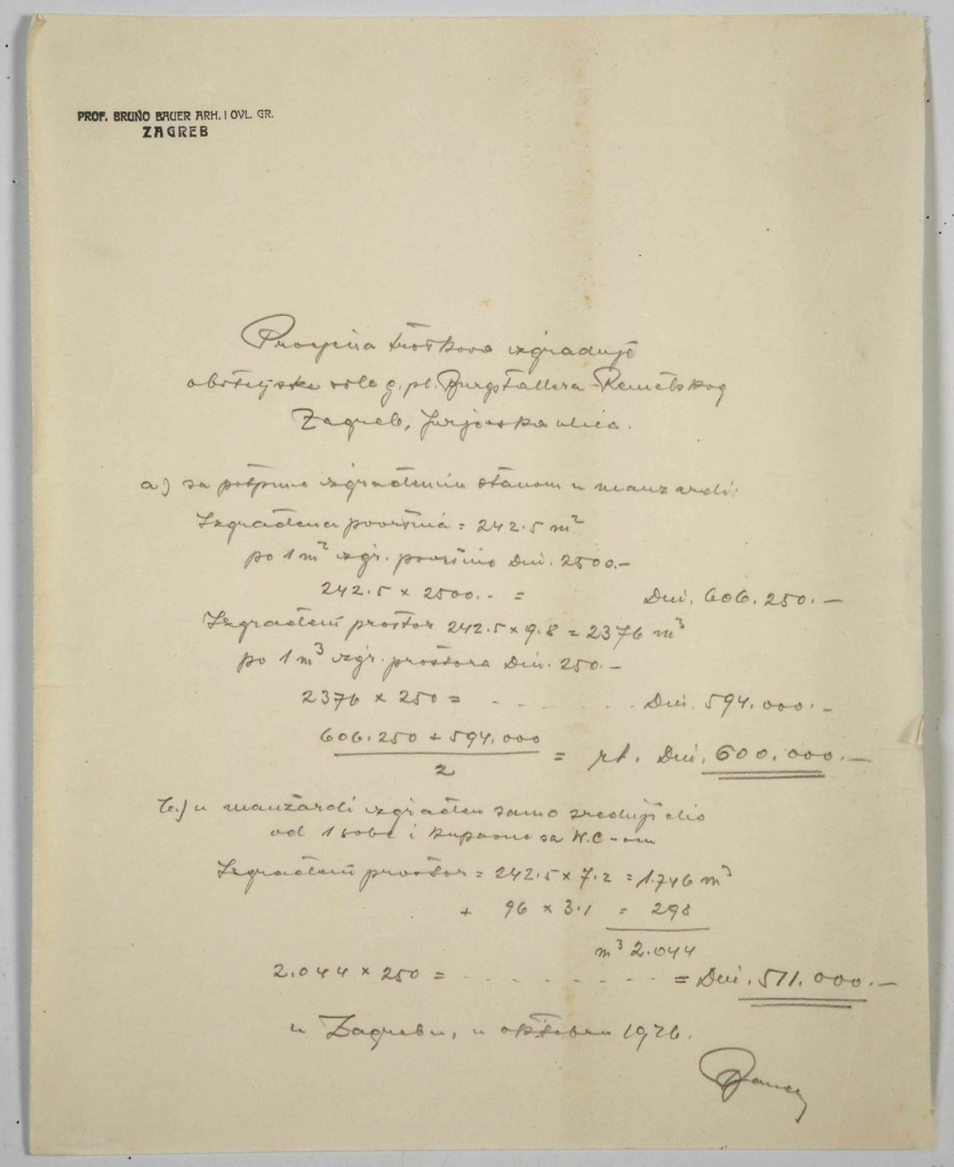 Handwritten architectural cost manuscript from 1926