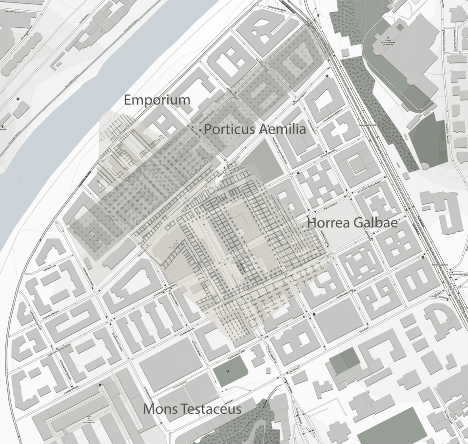 Map of the ancient Roman Emporium district, showing the massive logistical infrastructure of the port.
