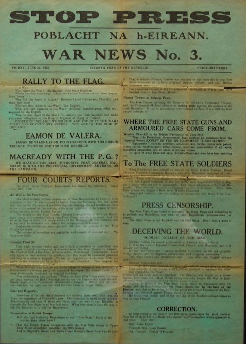 Anti-Treaty War News No. 3 Anti-Treaty War News bulletin No 3 printed during the siege of the Four Courts in Dublin, June 1922.