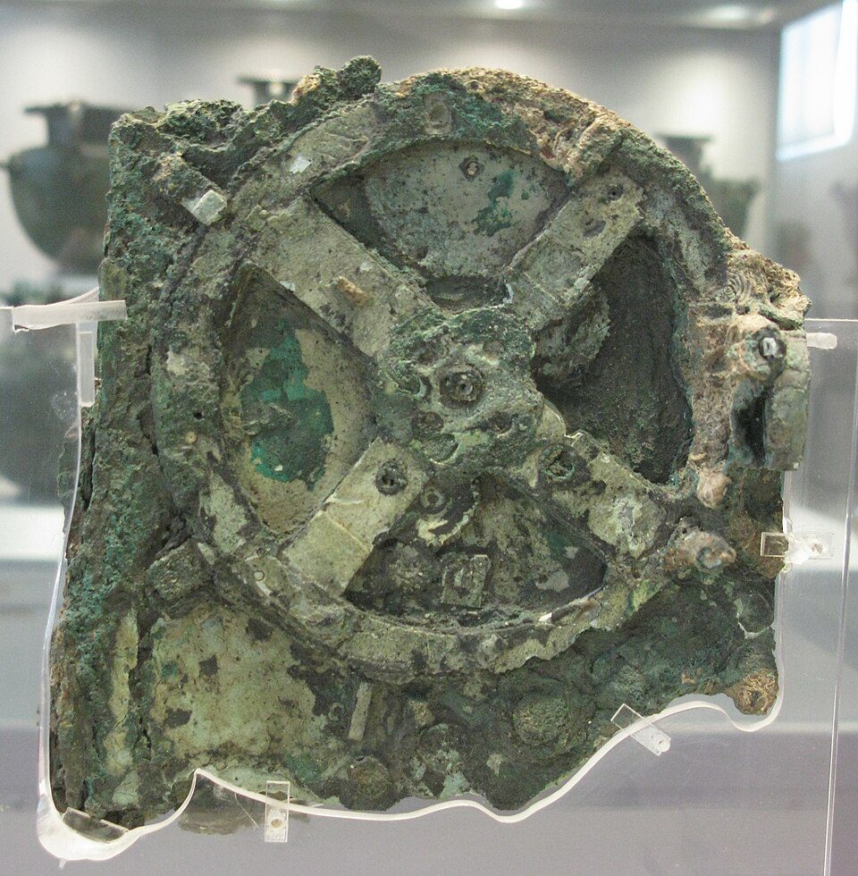 Fragment A of the Antikythera Mechanism, showing its corroded bronze gear train