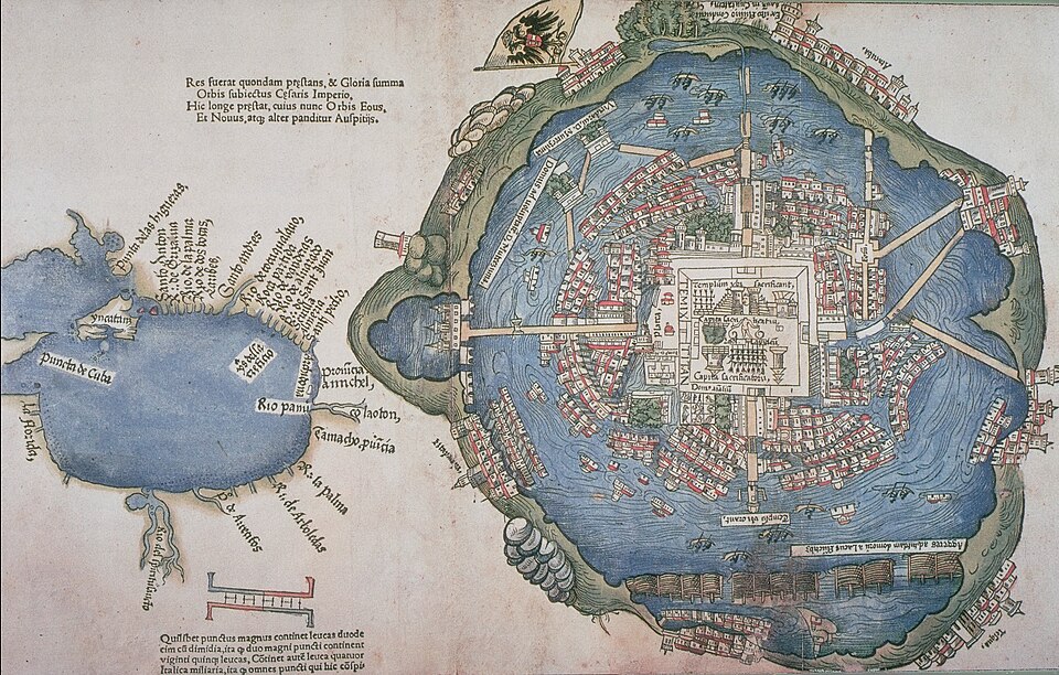 Historical 1524 map depicting the island city of Tenochtitlan.
