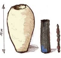 Small clay jar housing a copper cylinder and an iron rod, sealed with bitumen