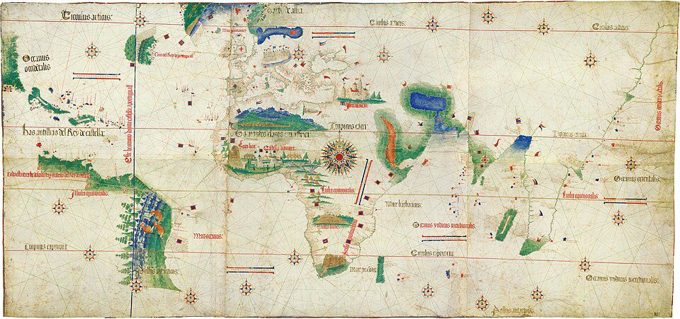 A wide manuscript map from 1502 showing the coasts of Europe, Africa, and early discoveries in the Americas, crisscrossed with navigational lines.