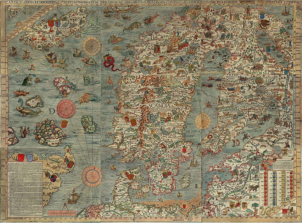 A section of the 1539 Carta Marina map depicting Scandinavia, surrounded by oceans filled with terrifying sea monsters and ships.