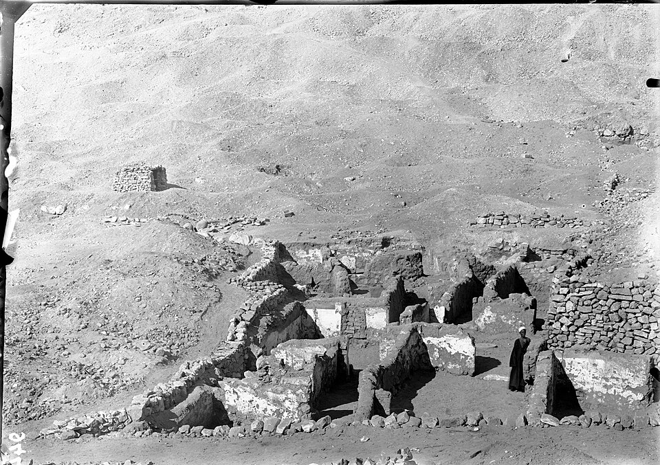 Excavated domestic shrine area at Deir el-Medina associated with ancestor veneration and household religious practice