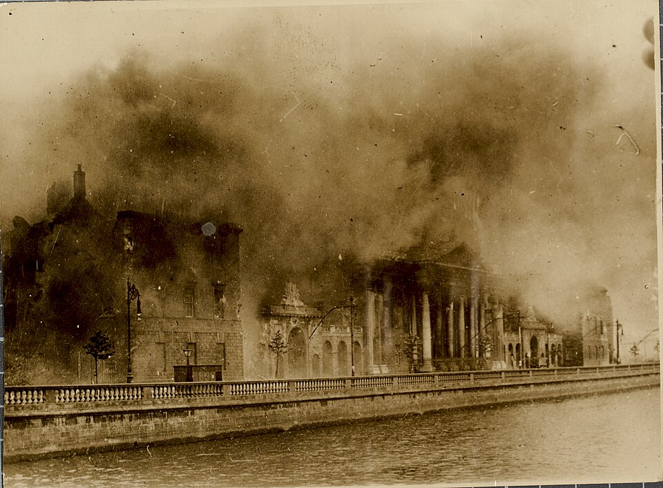 The Four Courts Conflagration Plumes of smoke billowing from the Four Courts and Public Record Office during the June 1922 bombardment in Dublin.