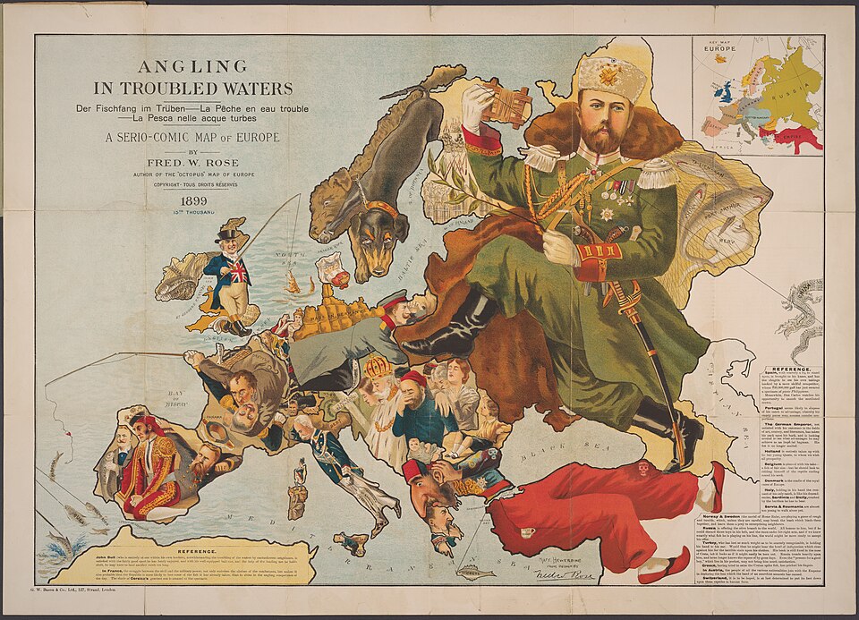 A satirical map of Europe from 1899 where countries are represented by caricatures, notably the Russian Empire drawn as a massive octopus.