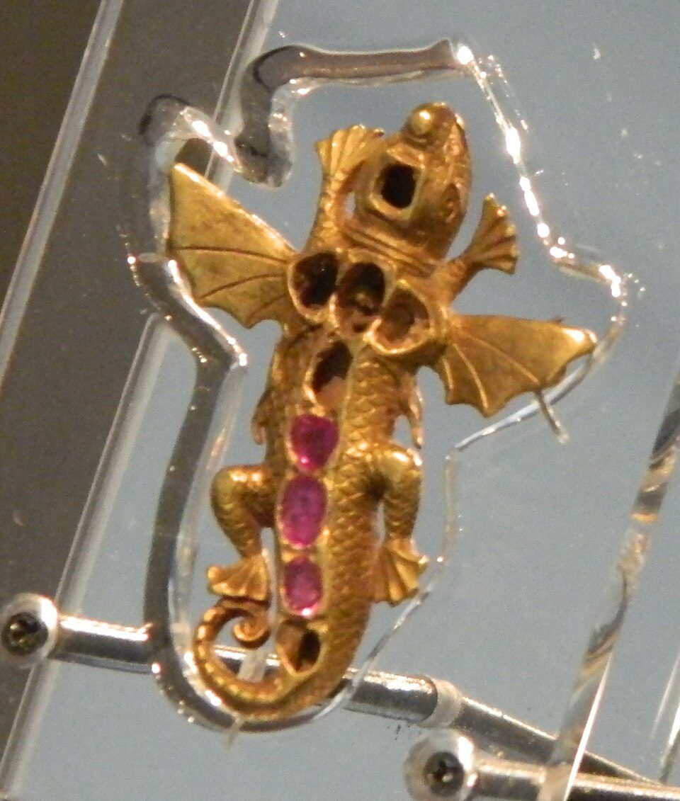 A gold pendant in the shape of a salamander set with rubies, recovered from the Girona shipwreck