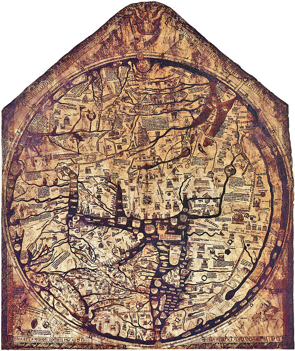 A highly detailed medieval circular map known as the Hereford Mappa Mundi, showing Jerusalem at the exact center of the world.
