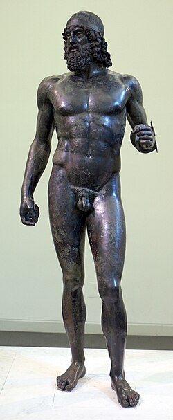 Riace Bronze A, a Greek bronze statue of a bearded young warrior with inlaid eyes and silver teeth