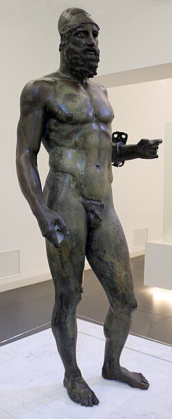 Riace Bronze B, a Greek bronze statue of a helmeted older warrior
