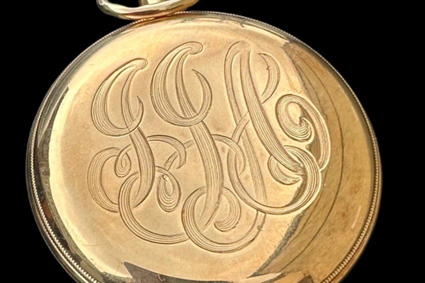 A 14-karat gold Waltham pocket watch engraved JJA, recovered from the body of John Jacob Astor IV