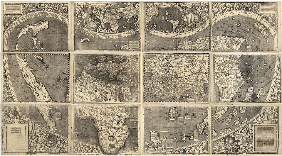 A massive twelve-panel woodcut world map from 1507, showing the first known use of the word America on the southern landmass.