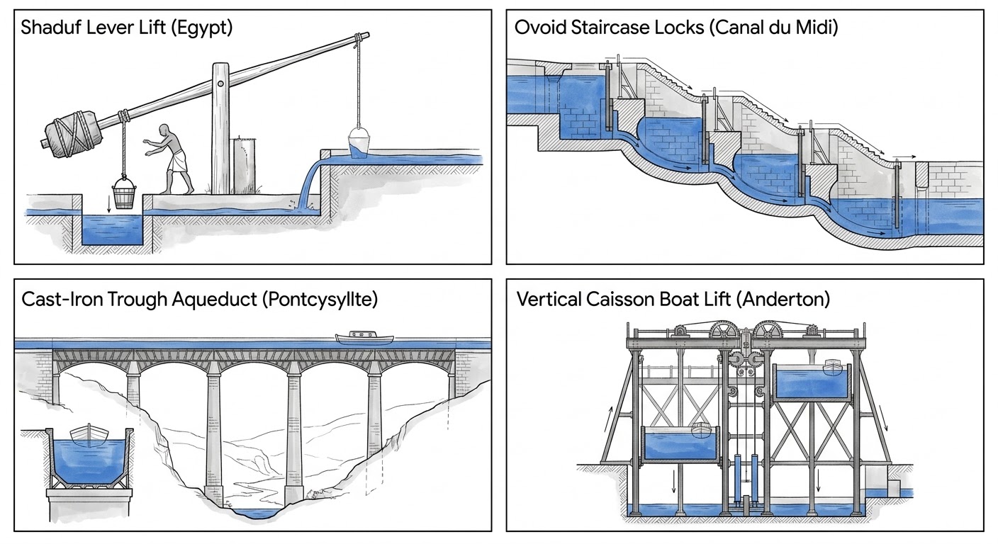 Technical schematic detailing the evolution from shadufs to vertical boat lifts.