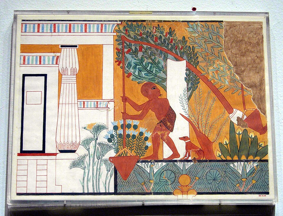 Tomb painting from Deir el-Medina showing a laborer operating a shaduf to lift water.