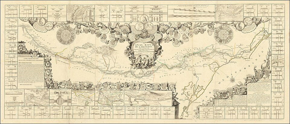 Intricate 1697 map detailing the route of the Canal Royal de Languedoc in France.
