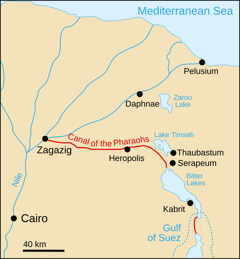 Map detailing the route of the ancient Canal of the Pharaohs through the Wadi Tumilat.
