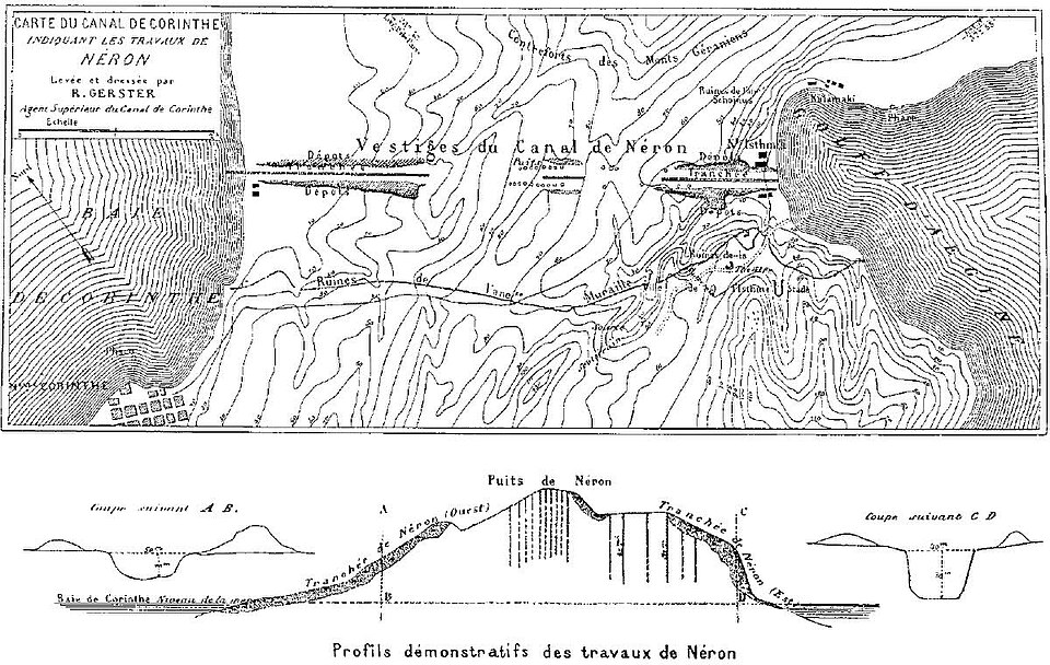 1881 engineering map showing the remnants of Roman excavations at the Isthmus of Corinth.